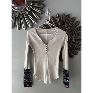 Free People Waffle Knit Henley Top XS Boho Thermal Layering Cream